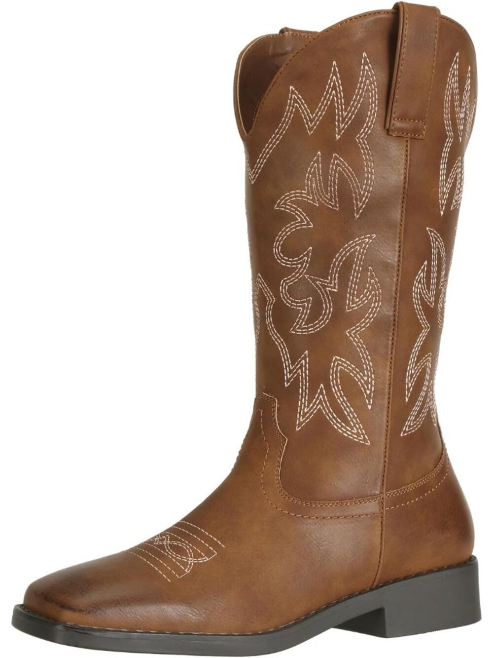 Women's Tan Calf Western Square Toe Cowgirl Boots Embroidered Pull On Non Slip